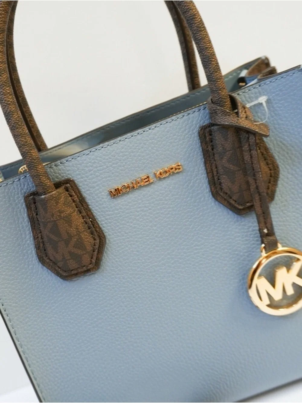 💙 Michael Kors Mercer X-Small Messenger Satchel Chambray Blue & Brown Signature